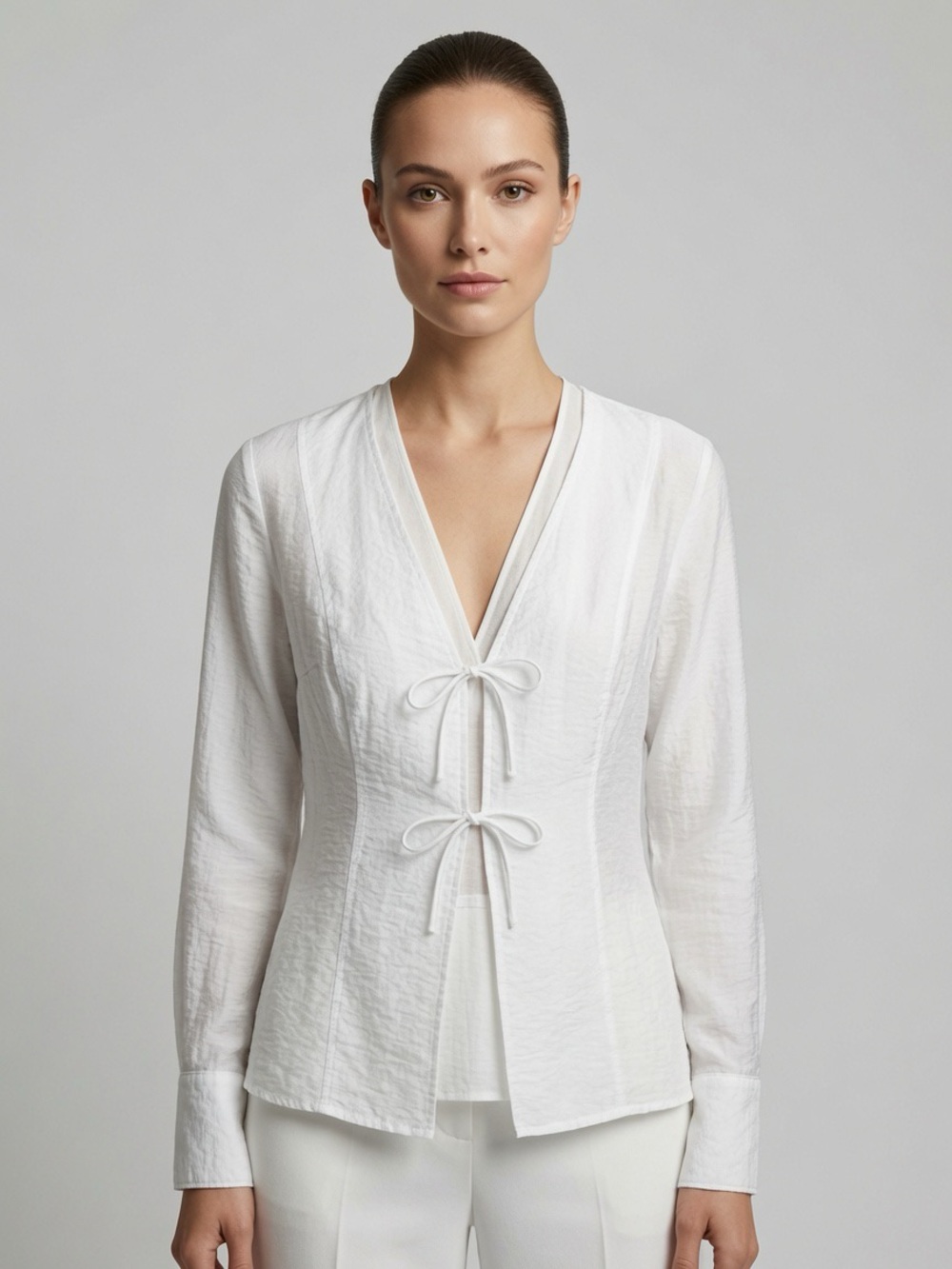 Halogen White V-Neck Tie-Front Long Sleeve Top